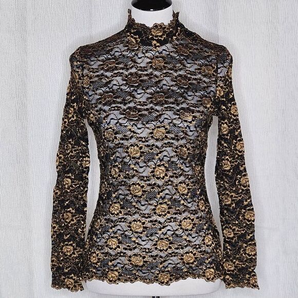 Reba Sheer Mesh Black & Metallic Gold High Collar Button Neck Long Sleeve Bouse - Picture 4 of 12